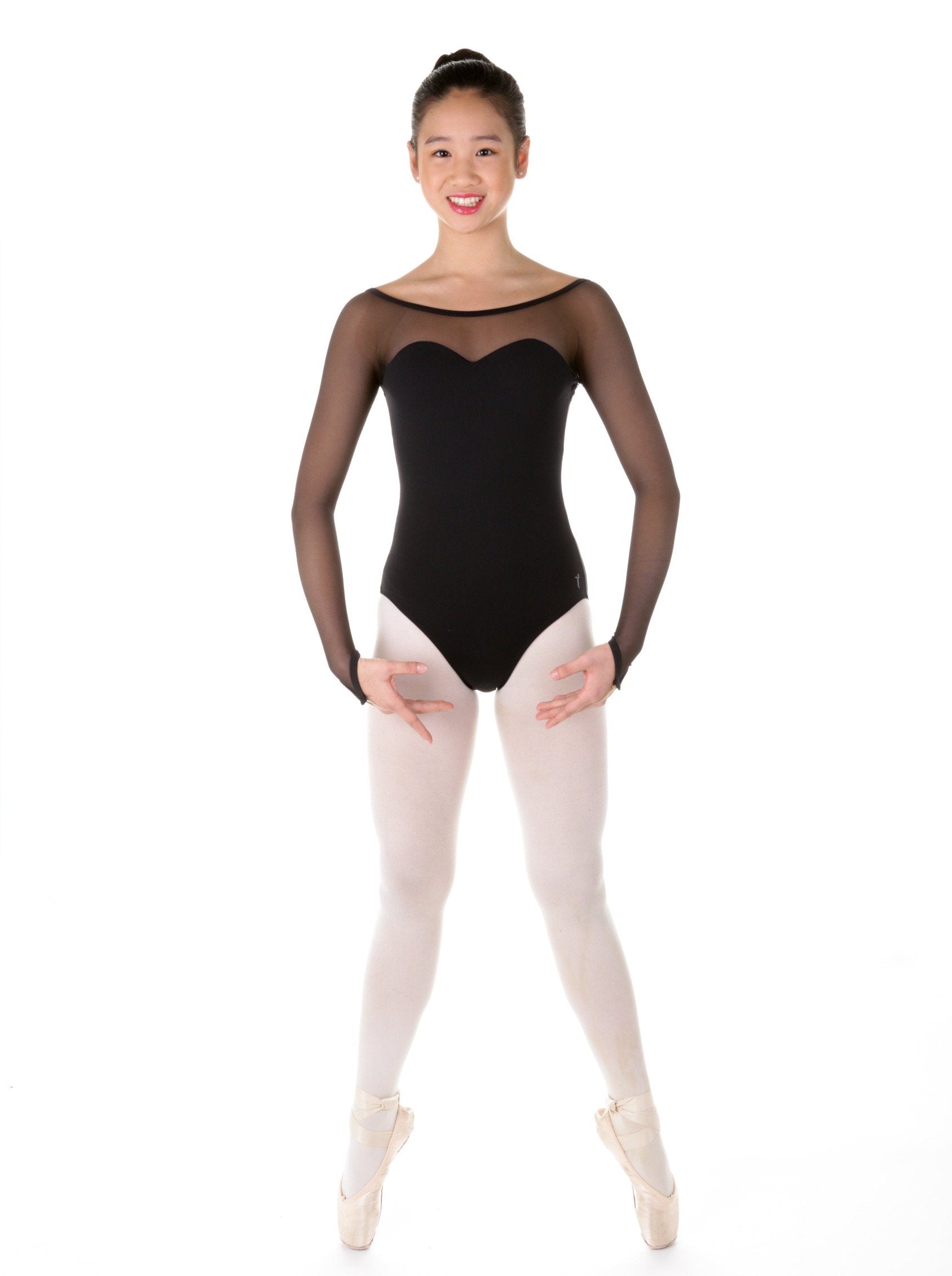 Bodysuit in Supplex with Sweetheart Neckline and Mesh Long Sleeves - Elite Xpression