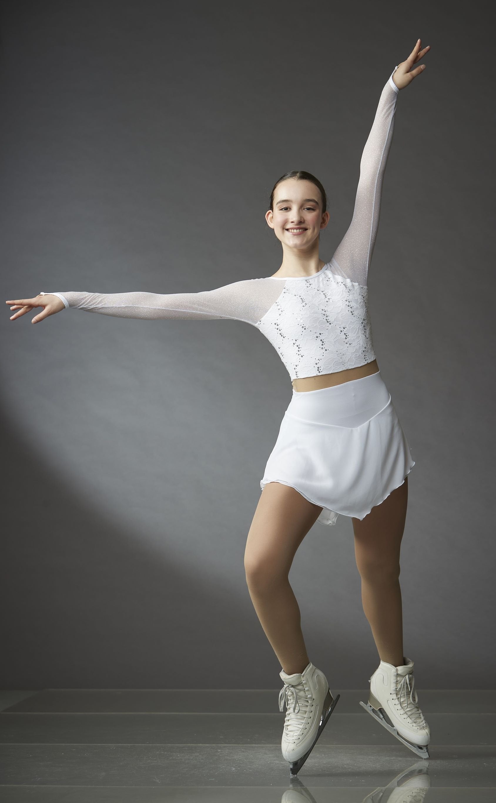 White Lace Crop Top Dress with Mesh- Figure Skating - EliteXpression Elite Xpression White Lace Crop Top Dress with Mesh- Figure Skating - EliteXpression Elite Xpression