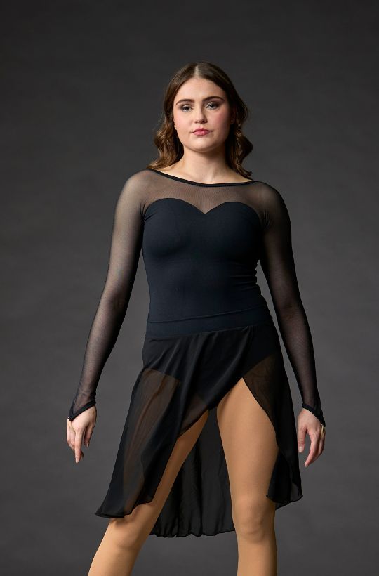 Bodysuit in Supplex with Sweetheart Neckline and Mesh Long Sleeves - Elite Xpression